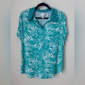 Weekends by Chicos NWT Size 3 Leafy Lines Collared Shirttail SS Dark Aqua
